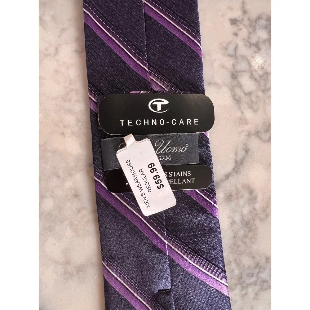 Pronto Uomo Platinum Purple Navy Striped 100% Silk Tie Mens Techno Care MSRP $60